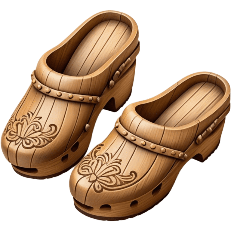 Cinematic Realistic Wooden Clogs Emoji, depicted as a pair of traditionally carved weathered wooden clogs with intricate details and rustic charm, rendered with rich textures and warm natural lighting that captures their cultural heritage. emoji