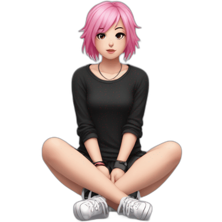 Full body Front view curvy emo girl pink hair sits on the floor straight view hands up black skirt белые трусики emoji