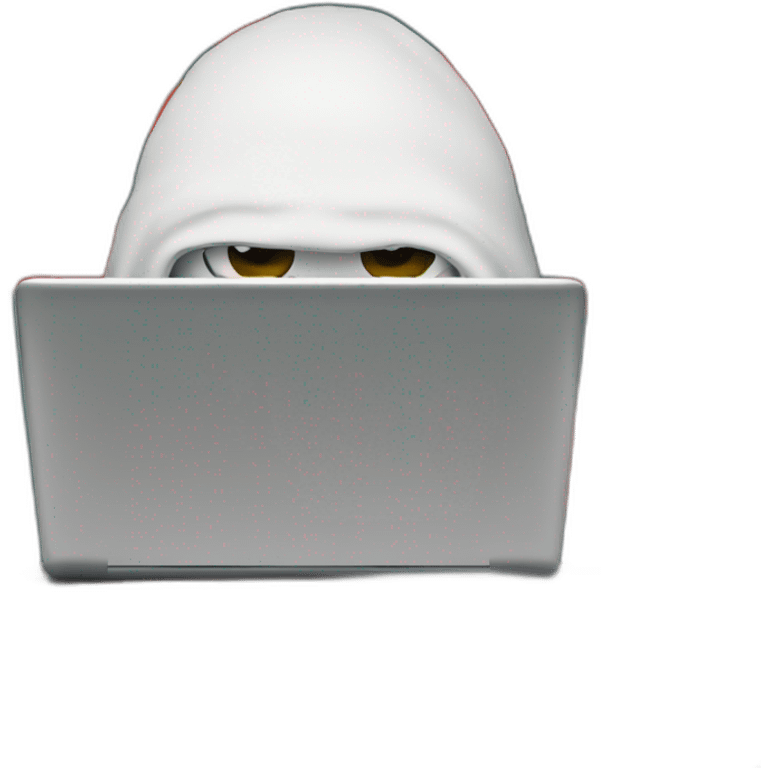 a human with a strawberry head with eyes ect sitting in front of a laptop, wearing a balaclava and looking mischievous. emoji