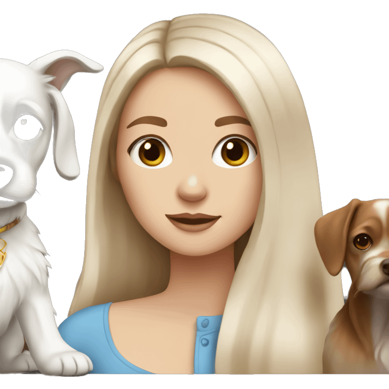 white girl with brown long hair and a small white dog emoji