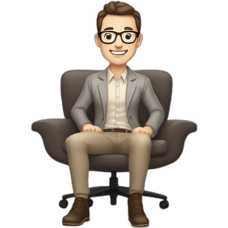 Joyful Celebrating victory Pale skinned Fit Man With dark brown hair in gray jacket, beige office shirt, Brown pants and vintage glasses sitting In a soft chair emoji