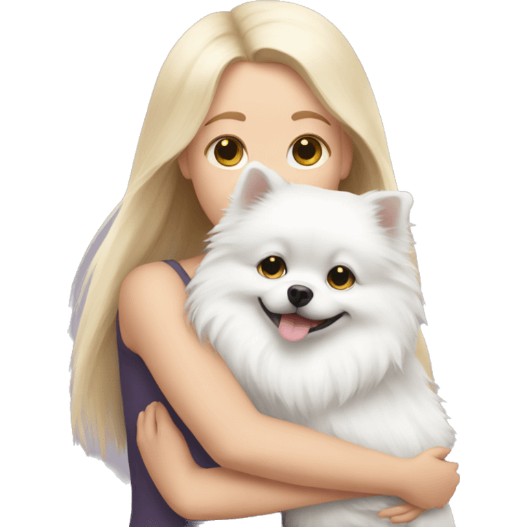 White skin girl hug white Pomeranian emoji