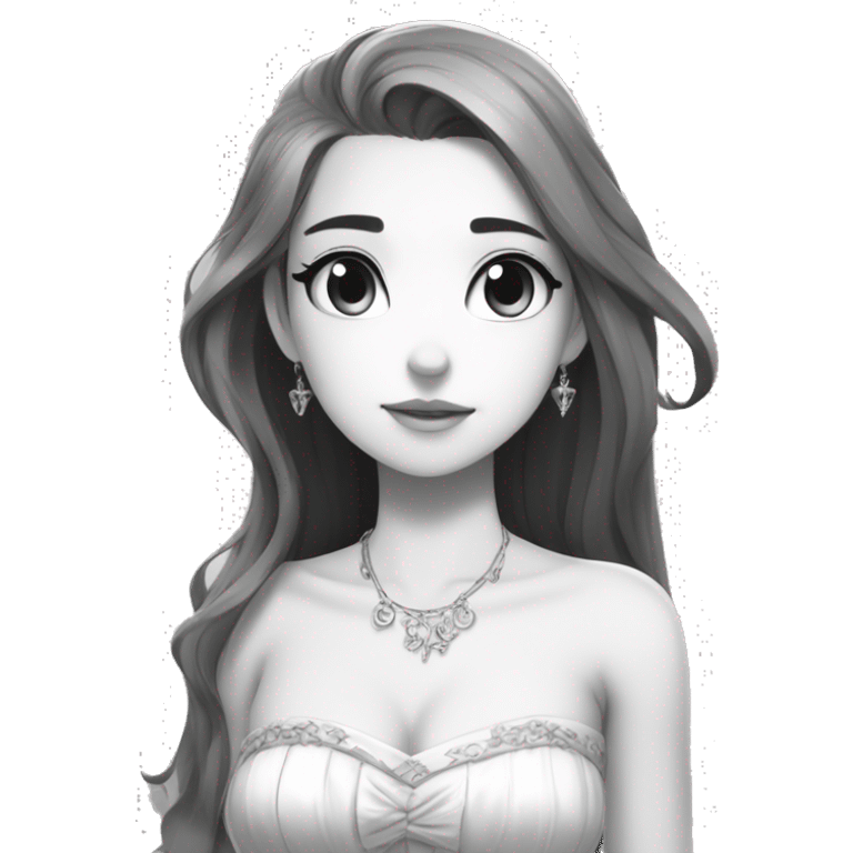 prinvk, 1girl, solo, dress, long hair, bare shoulders, princess, monochrome, 2d, anime  emoji