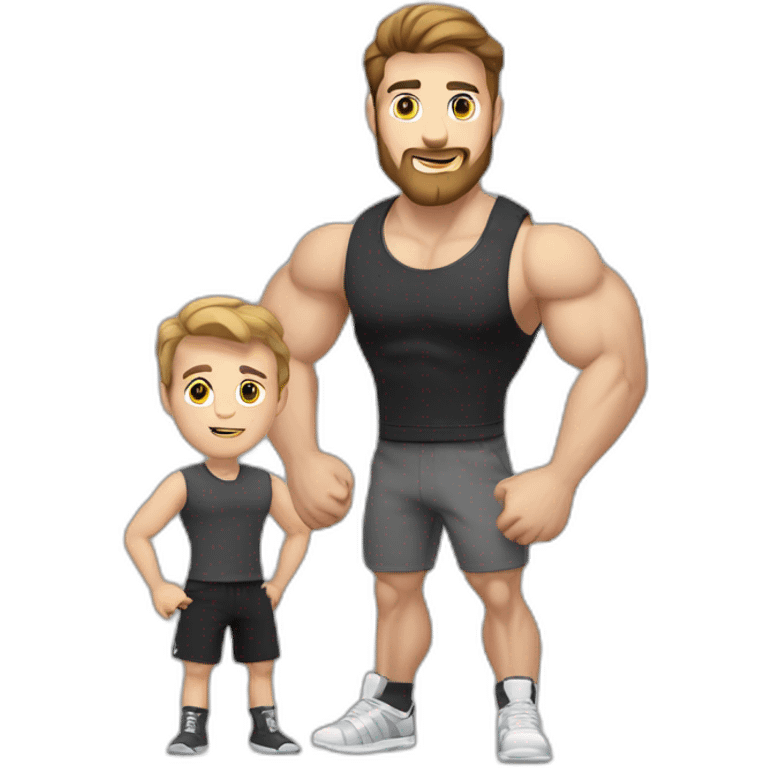 Full height Actively gesturing with hands Pale skinned fit man With the biceps and brown hair In dark gray sleeveless mike, black oversize sports shorts, watch and white sneakers emoji