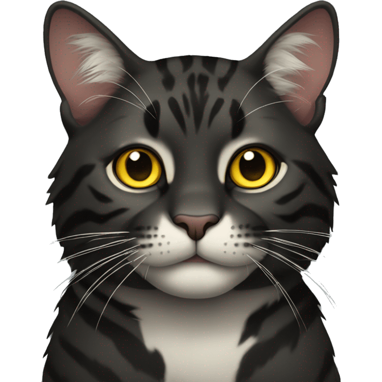 Dark tiger cat with round yellow eyes and white chin emoji