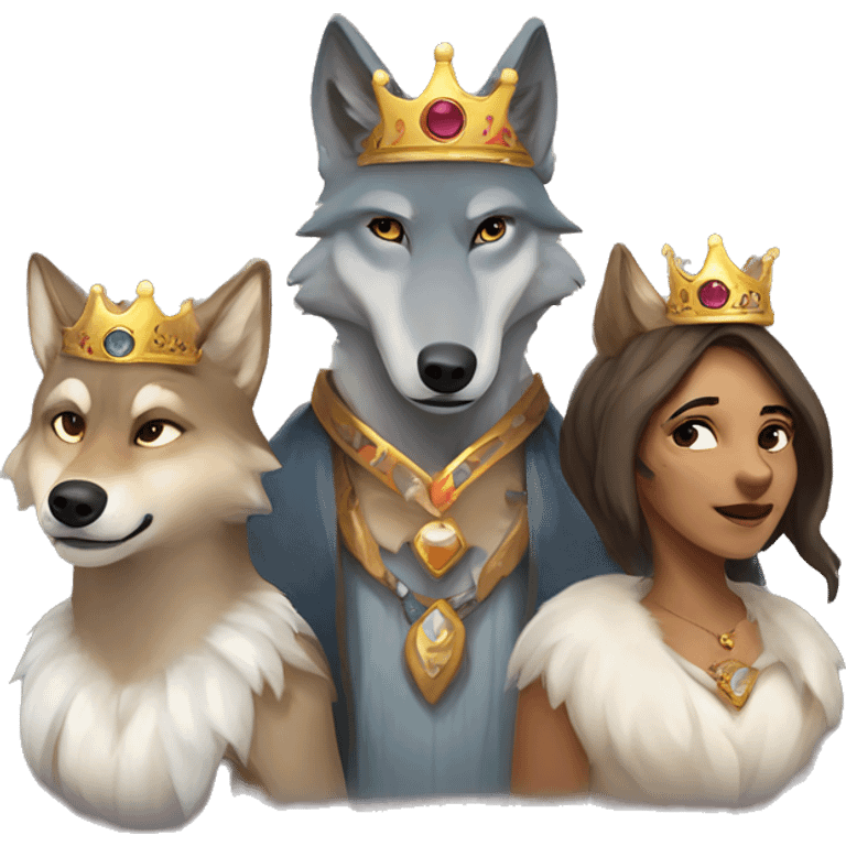 Wolf-mother and wolf-father, two small wolf in the middle one wearing a crown emoji