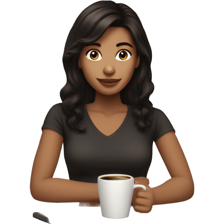 Girl medium length brown/black hair and coffee emoji