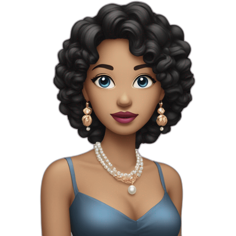 A woman with blue eyes, pink lips, long black hair with curls a the end and golden earrings with pearls emoji