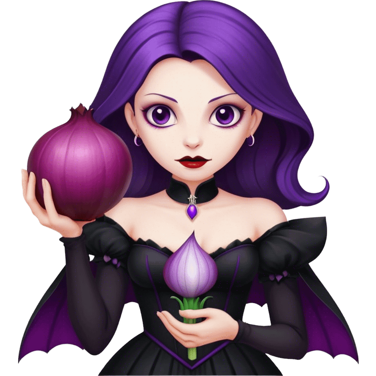 The vampire in black dress, holding a big violet onion  emoji