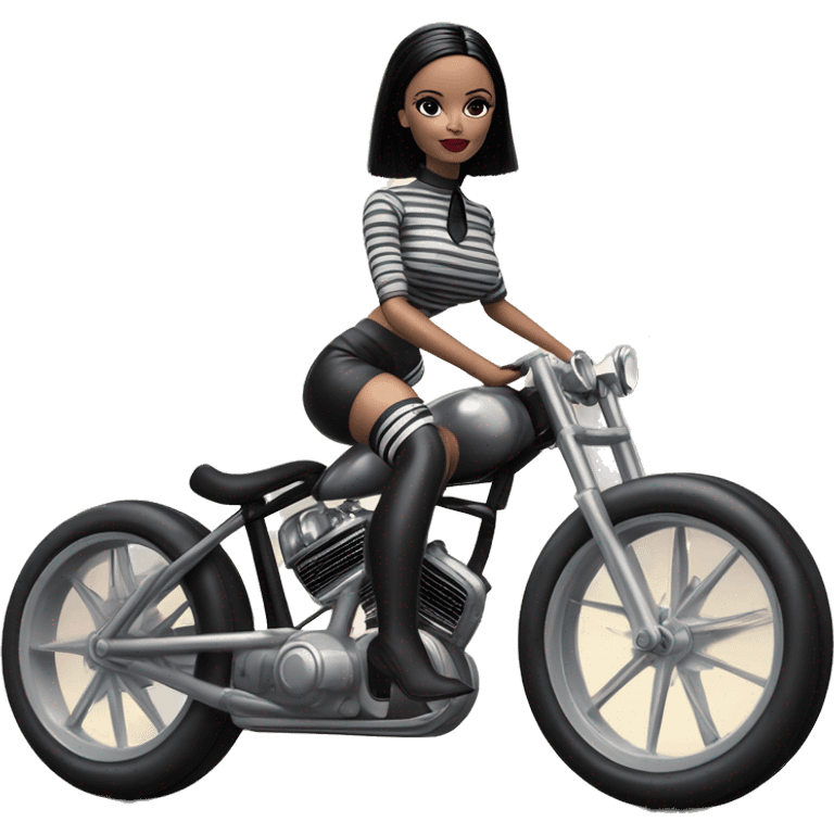 Jeffery New York Lingerie Barbie white Wednesday Addams from academy in vertically striped gray and black outfit. riding a wheelie on a hot rod bike emoji