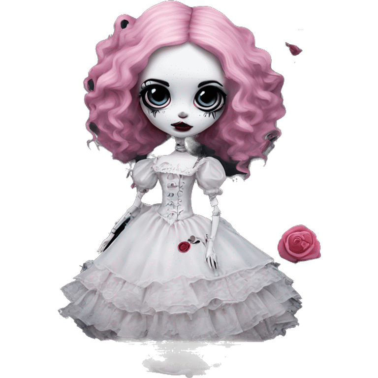 PINK LANDSCAPE PICTURE WITH FRAME: full height, tim burton "corpse bride", porcelain doll with a cracked face, goth makeup watery eyes, long hair, lace and ruffles, lolita style, inked, black and white, red roses emoji