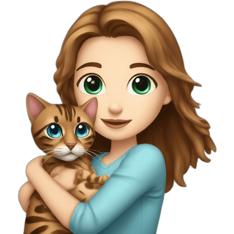 a beautiful girl with brown hair and blue eyes holds a Bengal cat in her arms emoji