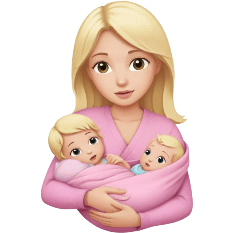 Blonde girl holding a new born baby while the baby is wrapped in pink. emoji