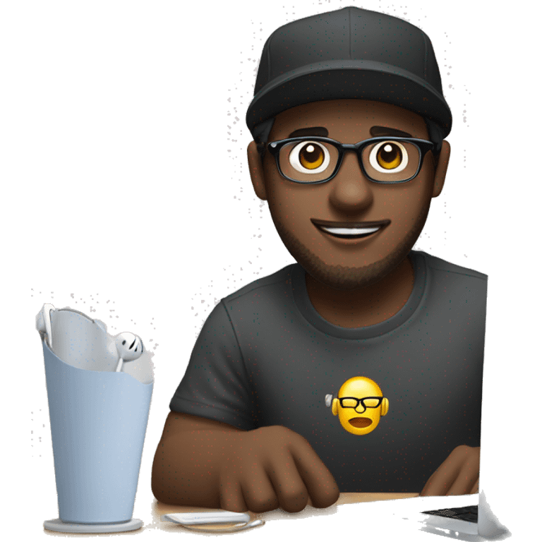 White male dark hair, clear lens glasses in front of a MacBook with overeat headphones on and a backwards hat emoji