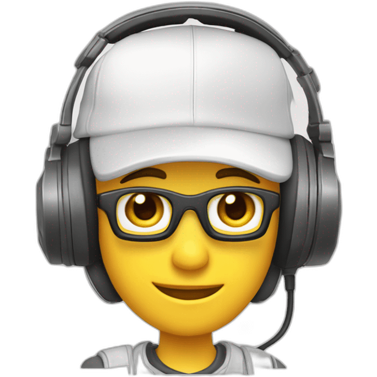 tête blanche, jeune gamer avec un casque micro, une casquette blanche emoji