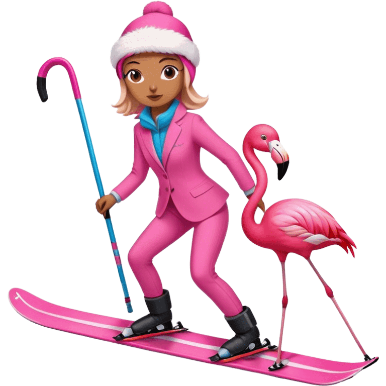 Girly flamingo skiing with pink suit emoji