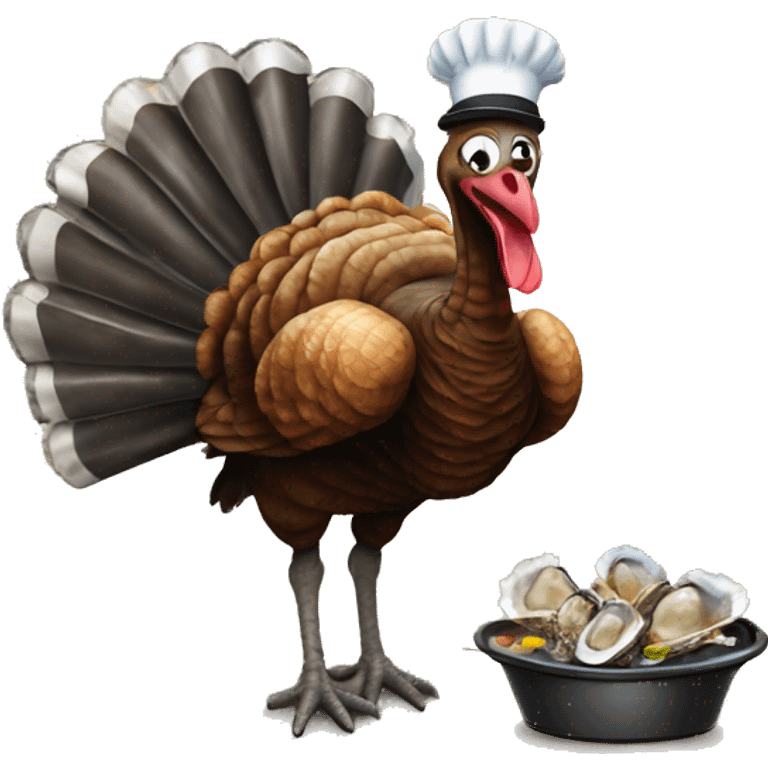 Standing crazy Turkey next to blackened toast and oysters emoji