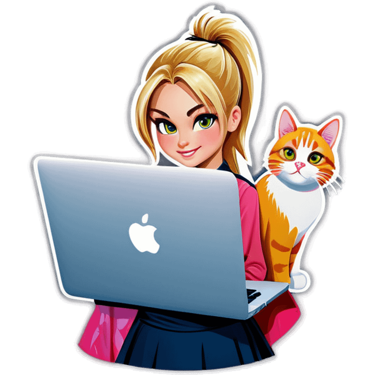 Blonde girl ponytail macBook and a cat emoji