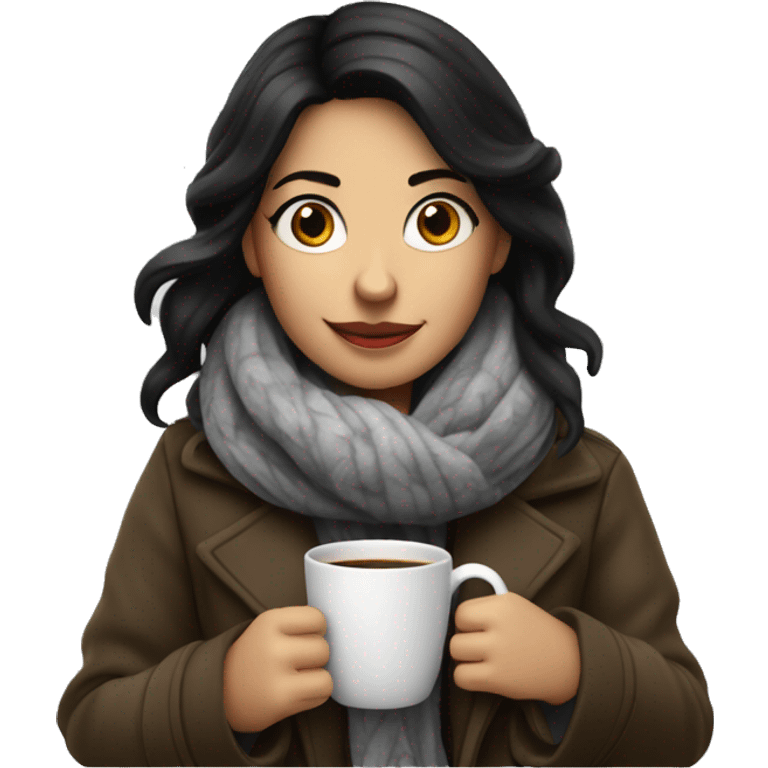 White sking girl with black hair drink coffee and wearing coat and scarf emoji