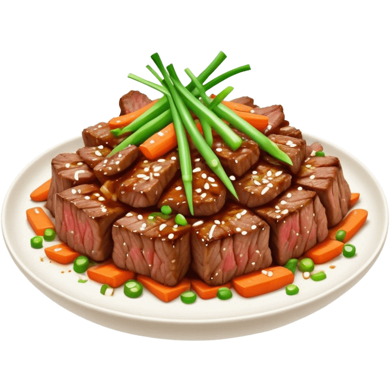 Cinematic Realistic Bulgogi Dish Emoji, featuring tender, marinated beef stir-fried with vegetables rendered with dynamic textures and mouth-watering lighting. emoji