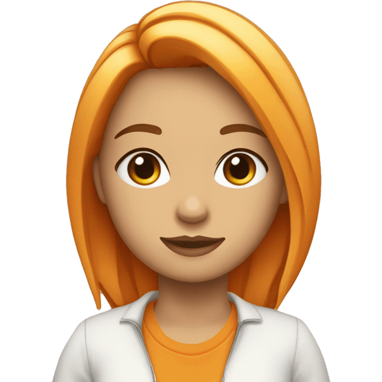 Chica con pelo rubio, ojos claros, chamarra naranja y camisa blanca emoji