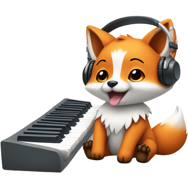 Detailled Baby kawaii fox with headphones on ears and keyboard emoji