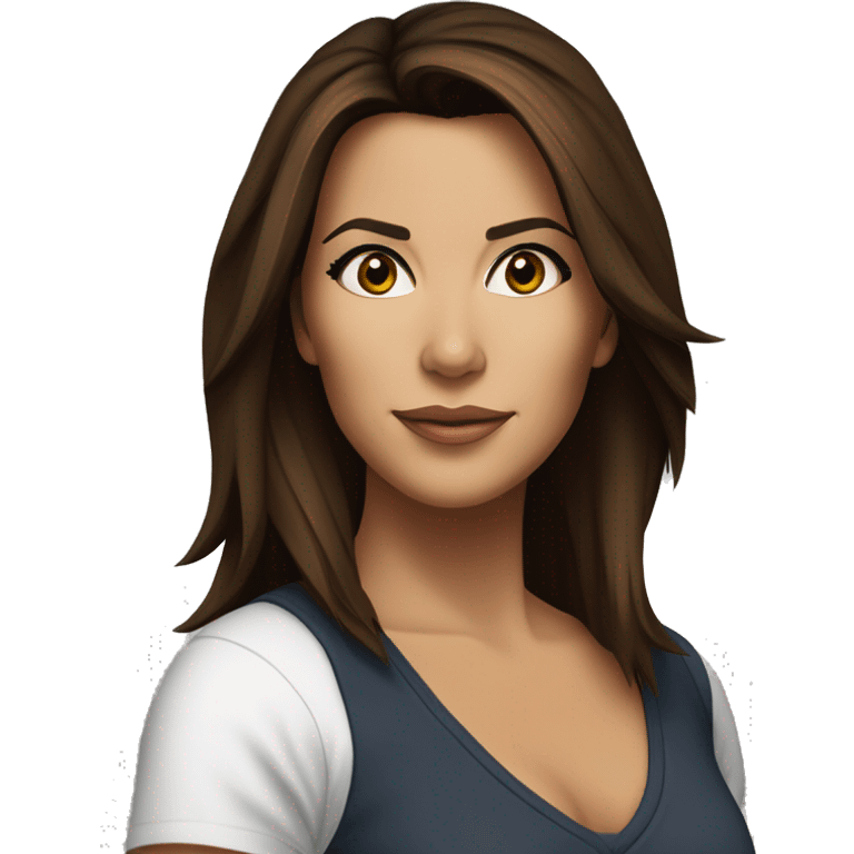 3/4 face, contrasted, shadow, light, Eva Longoria expression, standing from a distance, thin nose, brunette woman, hazel eyes, long eyelashes, dark shoulder shaded hair, white t-shirt, jeans, white sneakers emoji