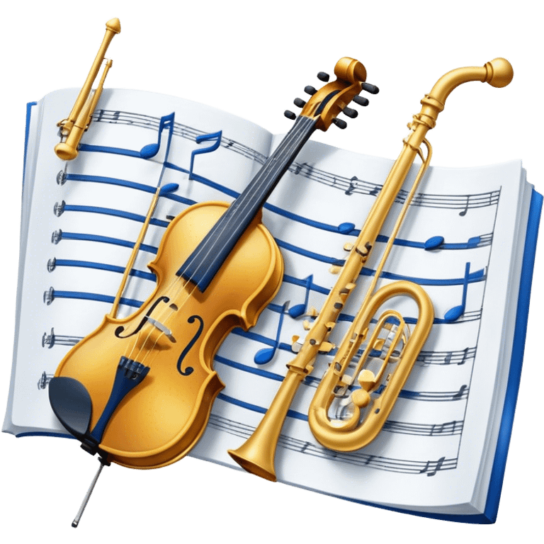 Create an artistic emoji that represents music arrangement and orchestration. The design should feature various orchestral instruments (drums, violin, electric guitar, synthesizer) and conductor's baton, musical scores. Incorporate flowing lines to represent harmony and orchestral balance, along with a subtle representation of sheet music. Use rich, classical colors like gold, silver, or deep blue, and create an atmosphere of sophistication and precision. The background should be transparent. emoji