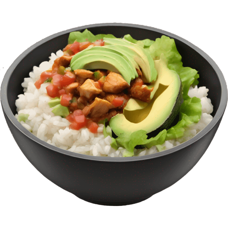 Chipotle bowl with lettuce, chicken, white rice, avocado and salsa, emoji