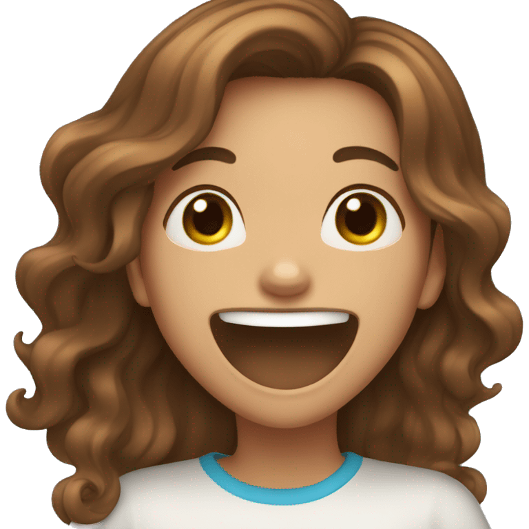 Brown hair girl with long wavy hair and blue laughing while covering her mouth  emoji