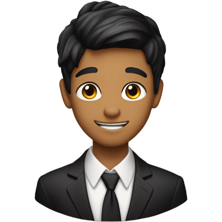 A boy with straight, black hair in a bun, tanned skin, black eyes, and a suit, with tears of joy streaming down his face. emoji