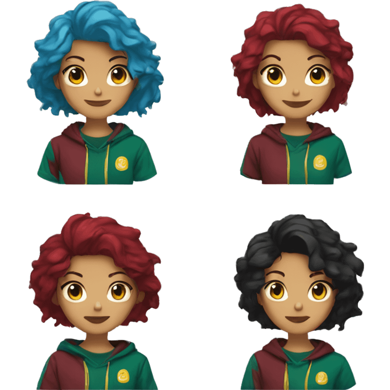 Lady with brunette and blue hair, gold, green dragon wings, maroon hoodie, black and gold Nike t shirt, and bright red eyes emoji