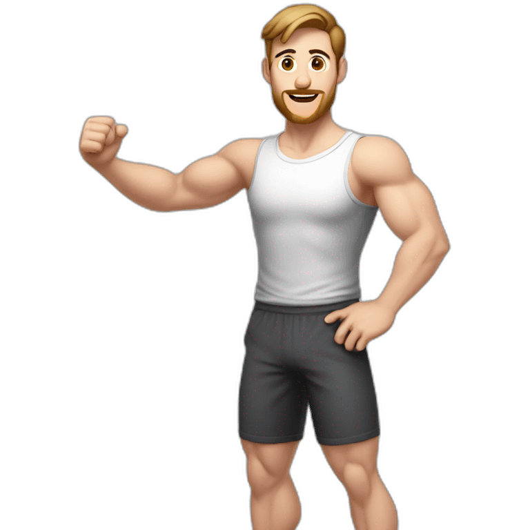 Full height Actively gesturing with hands Pale skinned Fit Man With the biceps and brown hair in dark gray Sleeveless Mike, black oversize sports shorts, watch and white Sneakers emoji