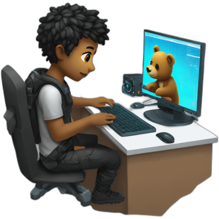 a male name teddy is doing coding at his cyberpunk room, there is a code at his monitor and there is a teddy bear emoji