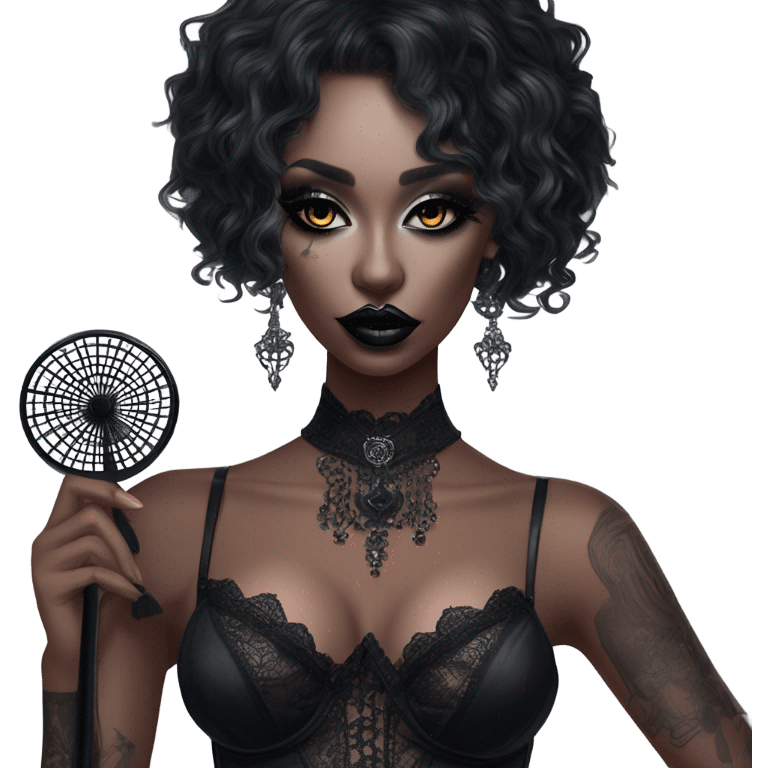 Hyper Realistic Goth victoria secret model holding a Goth style handheld fan emoji