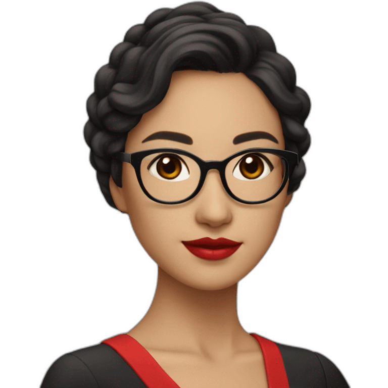 Young woman asiatic teacher, black square hairs, red glasses, red lipstick, red dress, black eyes emoji