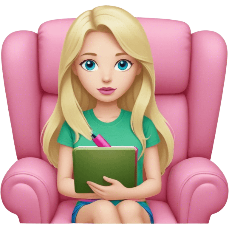 Cinematic realistic blonde with long hair, blue eyes and pink lips, dressed in a green T-shirt, sits in a beige armchair with a pink notebook and pen in her hands emoji