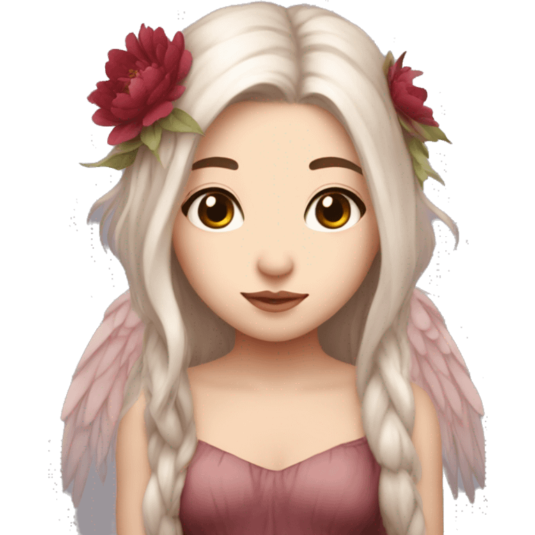 Beautiful, peony, fairy, light beige, long dark red hair, big wings, fair skin emoji