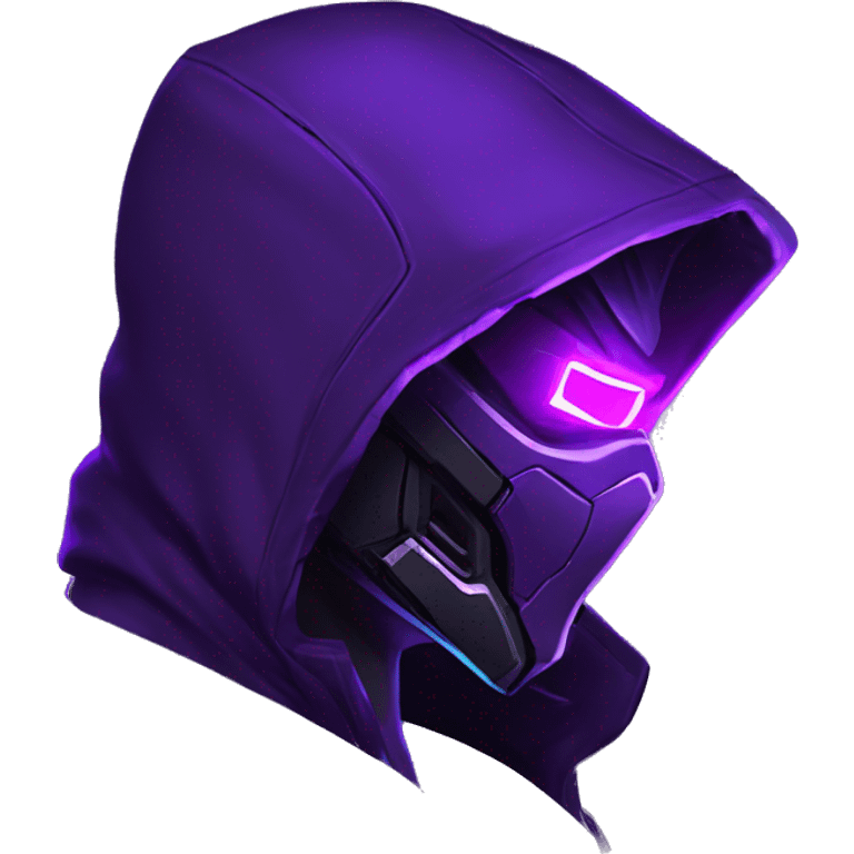 Side view developer behind his laptop with this style : crysis Cyberpunk Valorant neon glowing bright purple character purple violet black hooded assassin themed character emoji