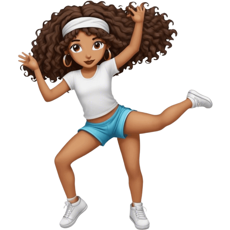 Dancing brown girl with long darn brown curly hair with headband hip hop emoji