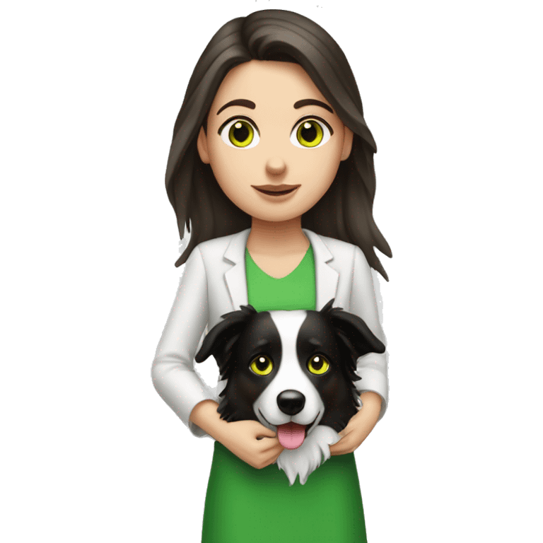 white brunette girl with green eyes and border collie emoji