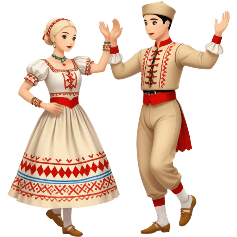 Cinematic Realistic scene of two performers engaging in the Croatian Linđo folk dance, adorned in vibrant traditional costumes with intricate patterns and accessories, captured in graceful, synchronized motion under festive natural lighting. emoji