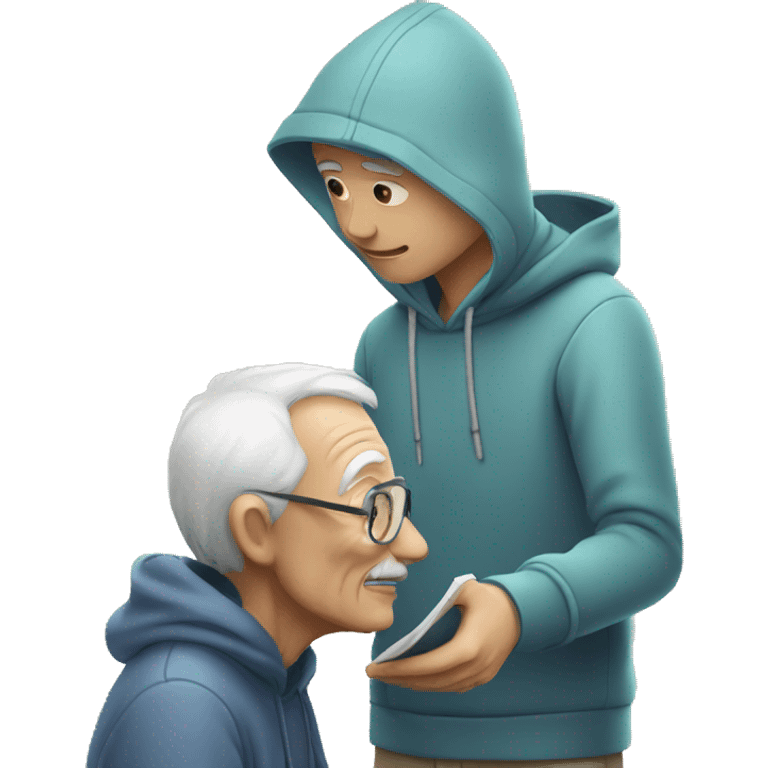 Young man with hoodie helping old man to learn how to use artificial intelligence  emoji