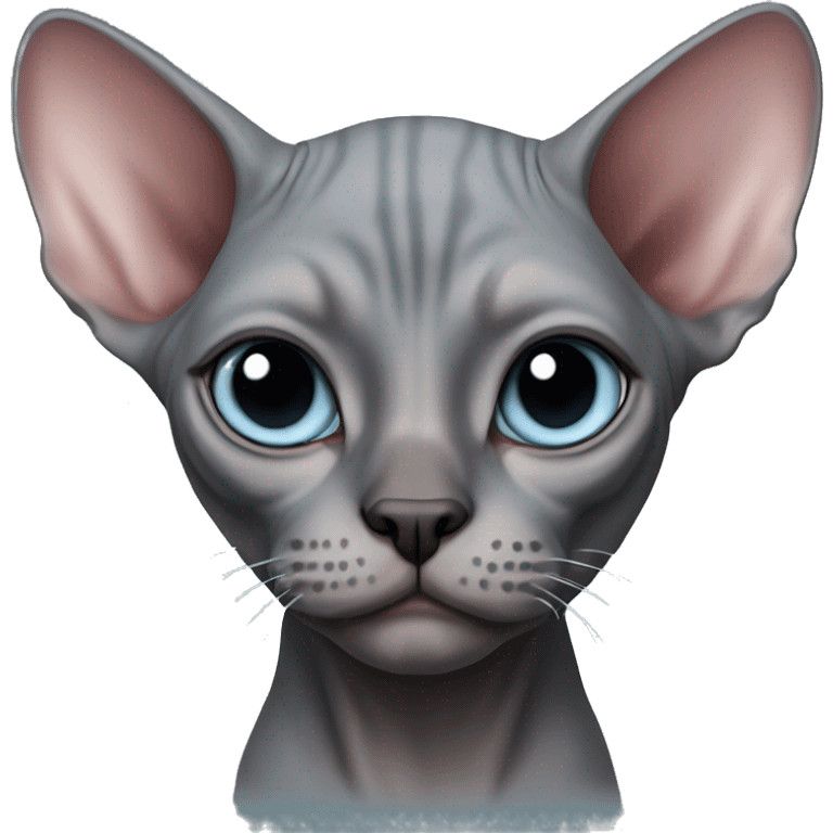 Dark grey pinkish sphynx cat with black face and light blue eyes emoji