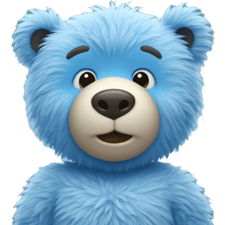 Blue fuzzy bear wearing a shirt saying “hello everyone” emoji