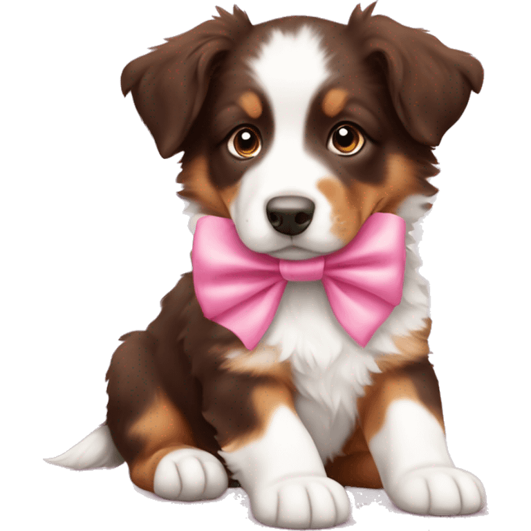 Red and white Australian shepherd puppy with pink bow emoji