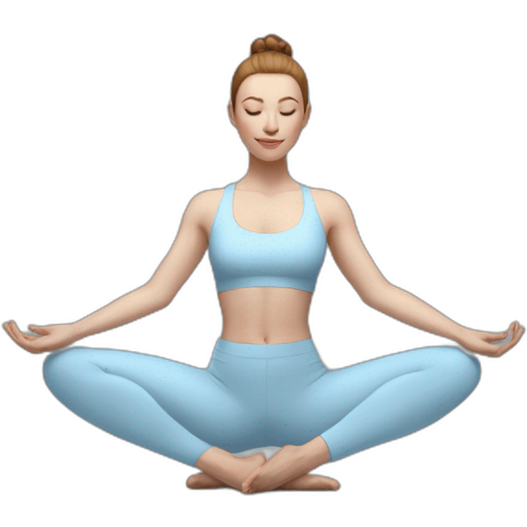 Pale skinned fit woman In a light blue tight yoga suit and wristbands With brown hair in a bun doing yoga emoji