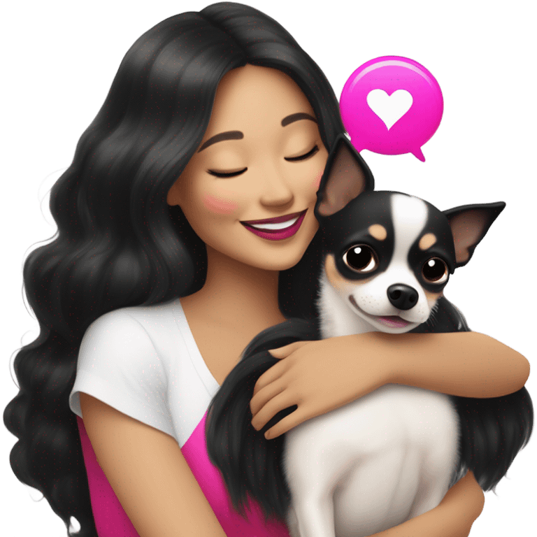 Thick medium black hair and hot pink lips and pink cheek smiling mature Filipino lady hugging black and white Chihuahua  emoji