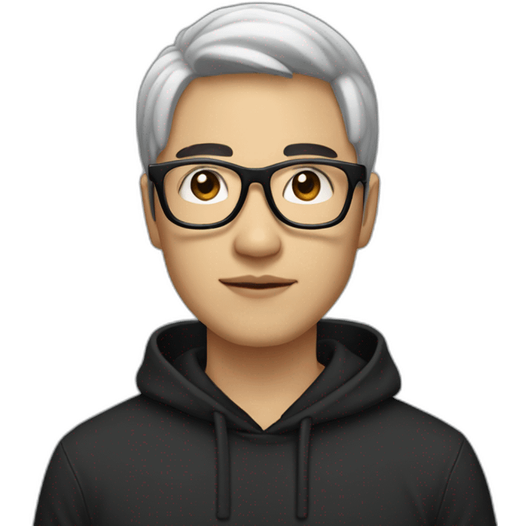 White skin Asian Guy with long black hair and square glasses and black hoodie emoji