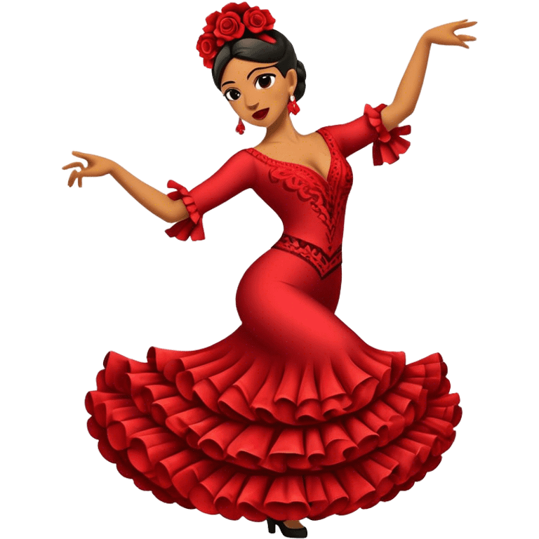 Cinematic Realistic Flamenco Dance Emoji, depicted as a passionate expressive flamenco performance with dramatic costumes and dynamic fiery movements, rendered with vibrant textures and bold energetic lighting that captures its intense rhythm. emoji